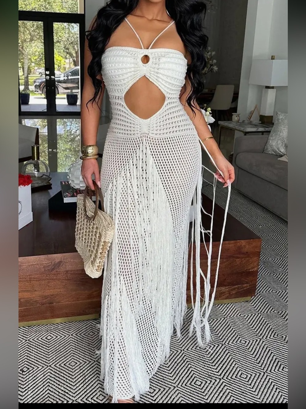 Strapless Beige Fringe Crochet Maxi Dress with Lace-Up Back